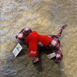 NWT Pink By Victoria Secret Pink Plaid Stuffed‎ Dog with Logo Red Scarf